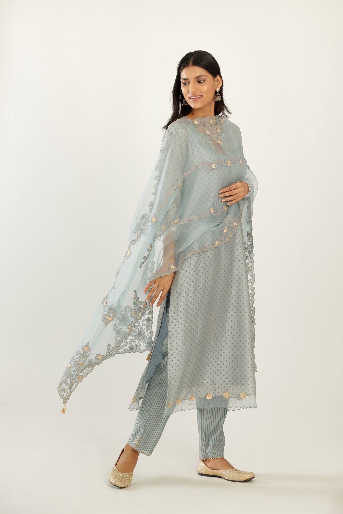 Blue silk chanderi hand block printed straight kurta set, highlighted with organza and gota embroidered flower at edges