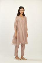 Lilac hand block printed silk chanderi easy fit short kurta set, highlighted with gota flower and scalloped organza at edges.