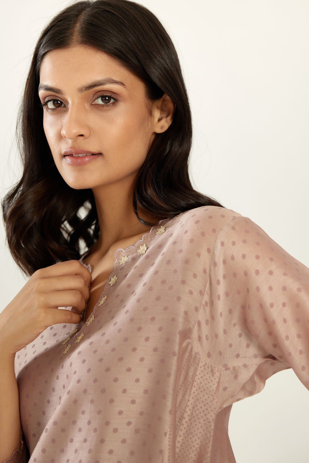 Lilac hand block printed silk chanderi easy fit short kurta set, highlighted with gota flower and scalloped organza at edges.