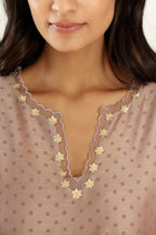 Lilac hand block printed silk chanderi easy fit short kurta set, highlighted with gota flower and scalloped organza at edges.