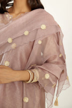 Lilac hand block printed silk chanderi easy fit short kurta set, highlighted with gota flower and scalloped organza at edges.