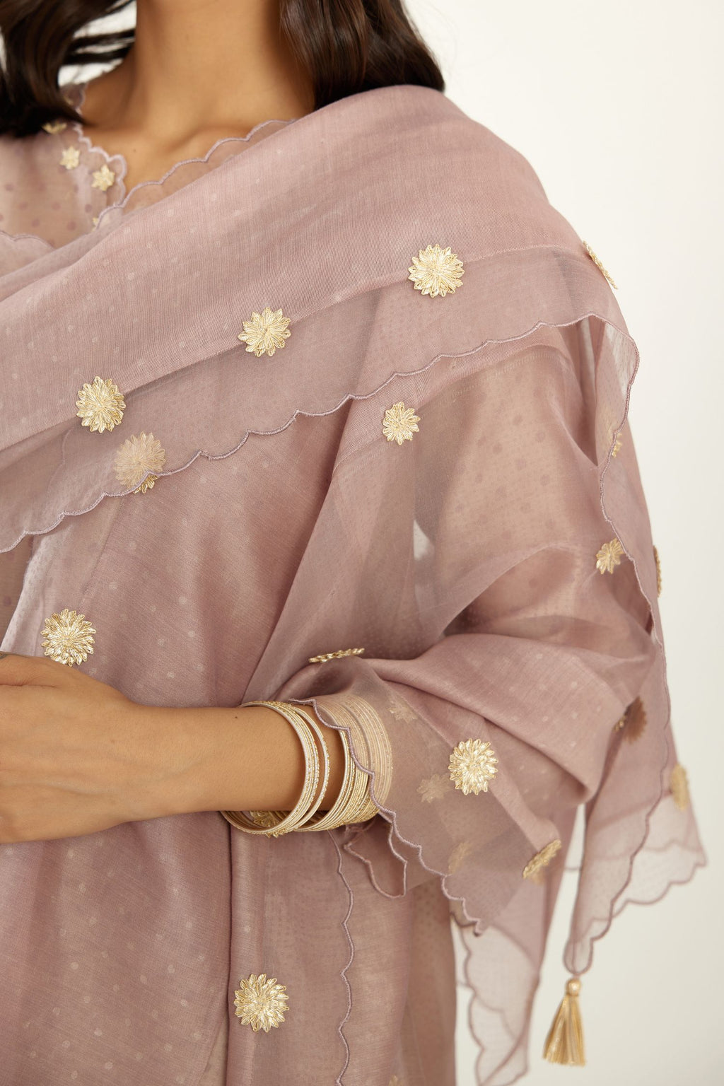 Lilac hand block printed narrow dupatta, highlighted with all-over gota flower and organza scalloped edges.