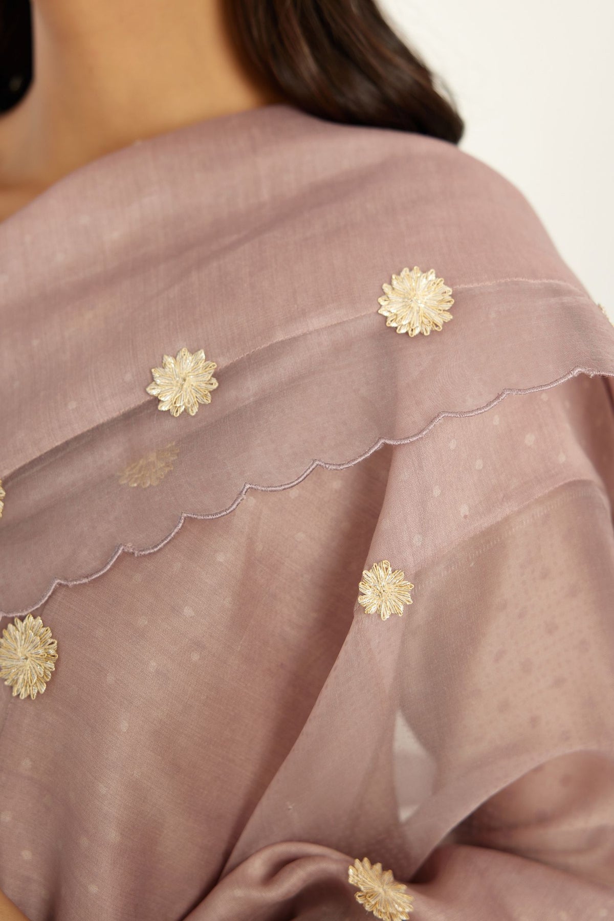 Lilac hand block printed silk chanderi easy fit short kurta set, highlighted with gota flower and scalloped organza at edges.