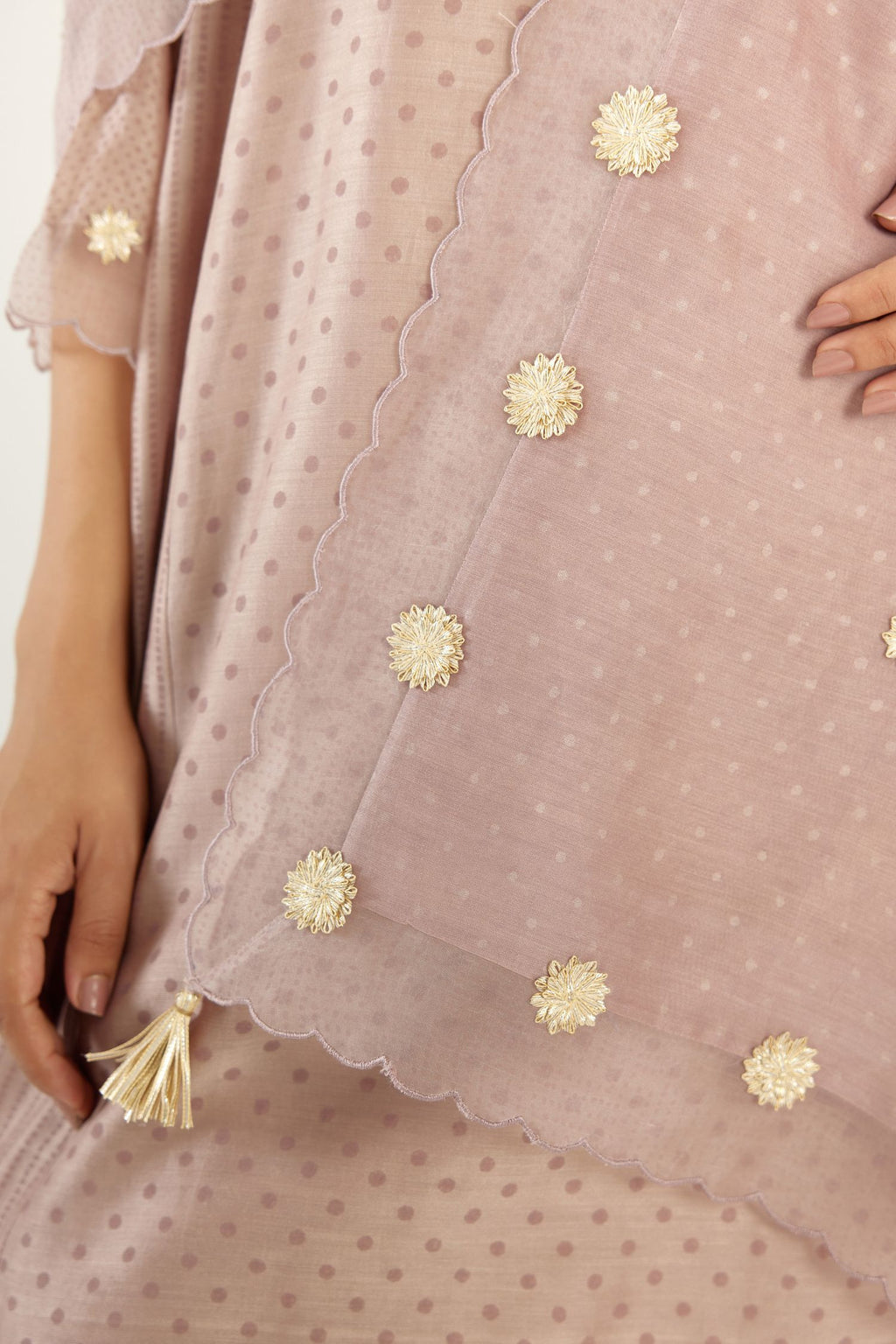 Lilac hand block printed silk chanderi easy fit short kurta set, highlighted with gota flower and scalloped organza at edges.