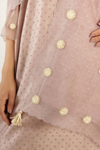 Lilac hand block printed silk chanderi easy fit short kurta set, highlighted with gota flower and scalloped organza at edges.