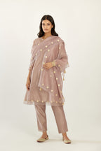 Lilac hand block printed silk chanderi easy fit short kurta set, highlighted with gota flower and scalloped organza at edges.