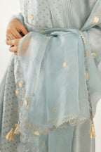 Blue hand block printed silk chanderi easy fit short kurta set, highlighted with gota flower and scalloped organza at edges.