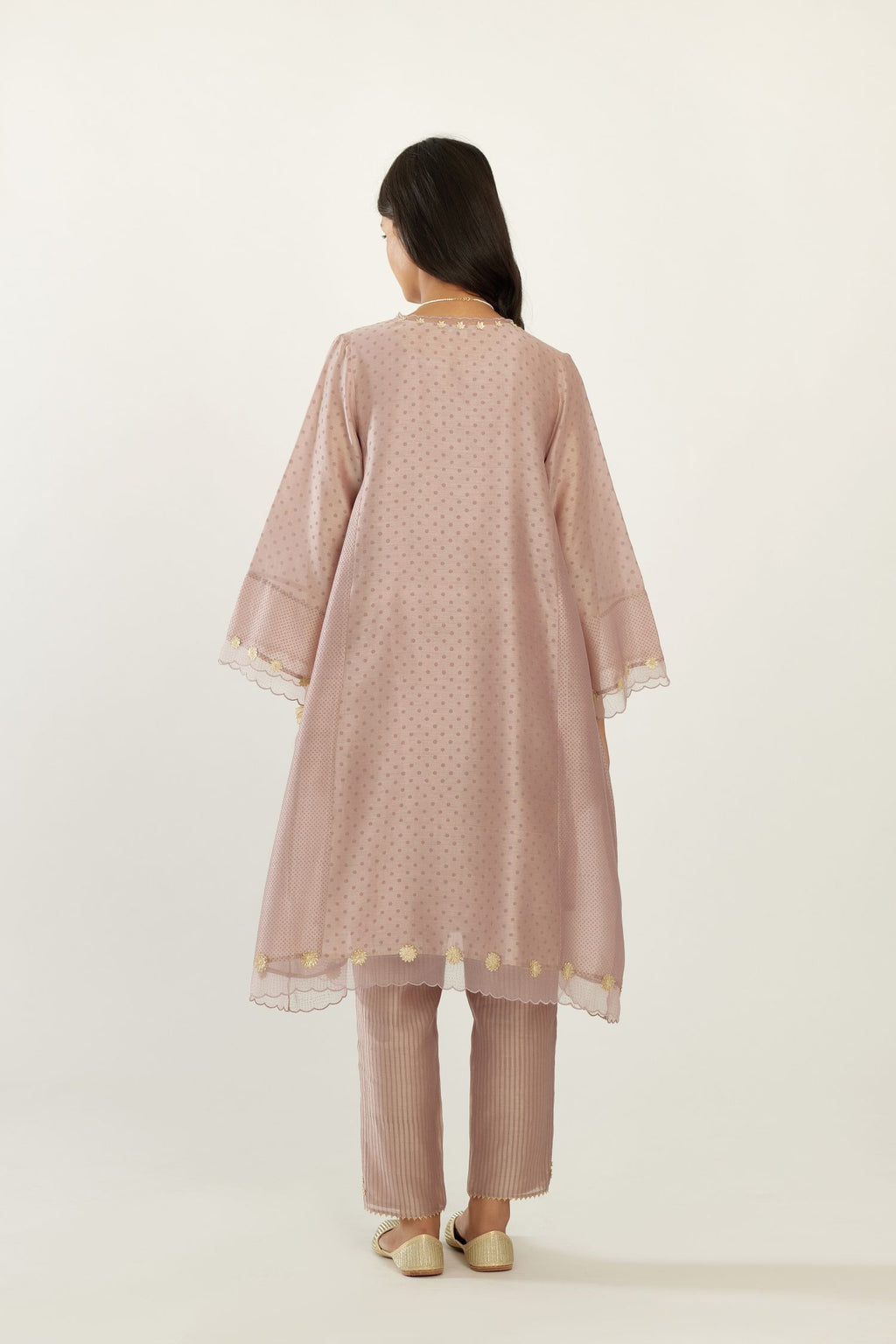 Lilac A-line hand block printed silk chanderi short kurta set, highlighted with gota flower embroidery.