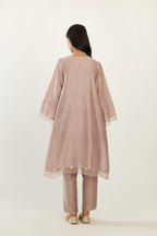 Lilac A-line hand block printed silk chanderi short kurta set, highlighted with gota flower embroidery.