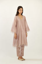 Lilac A-line hand block printed silk chanderi short kurta set, highlighted with gota flower embroidery.