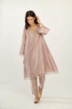 Lilac A-line hand block printed silk chanderi short kurta set, highlighted with gota flower embroidery.