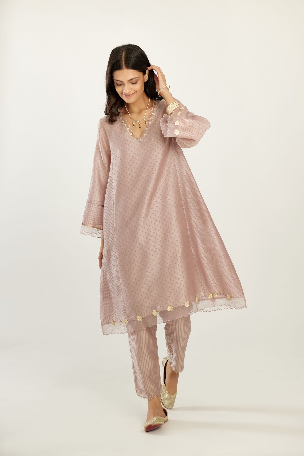 Lilac A-line hand block printed silk chanderi short kurta set, highlighted with gota flower embroidery.