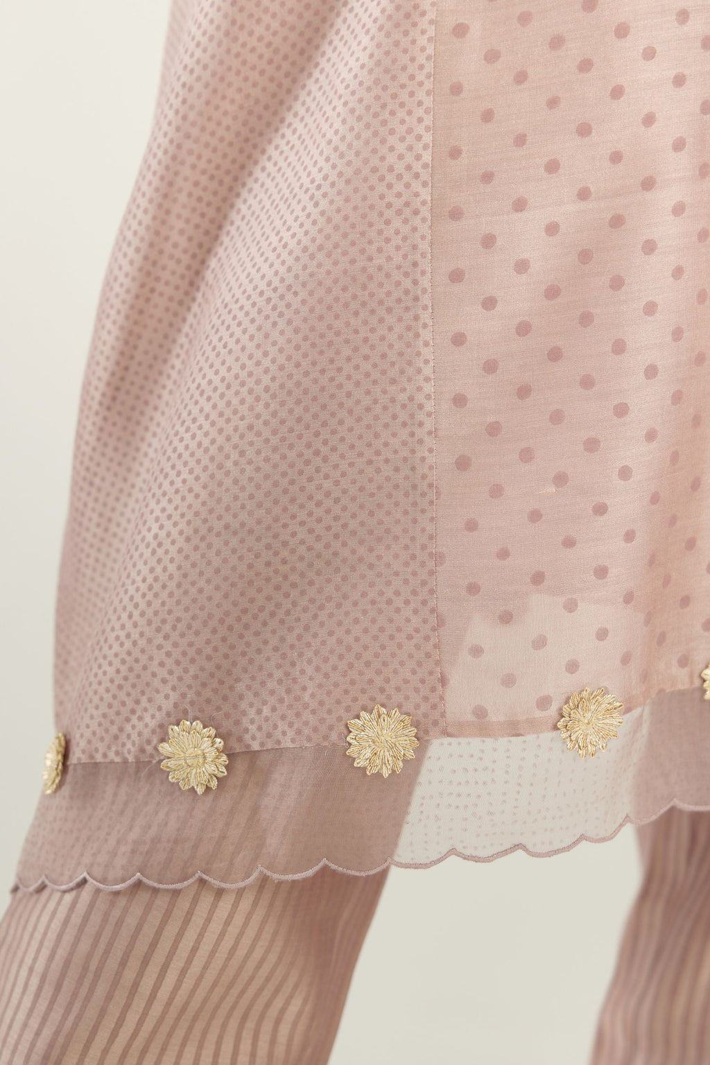 Lilac A-line hand block printed silk chanderi short kurta set, highlighted with gota flower embroidery.