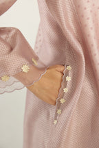 Lilac A-line hand block printed silk chanderi short kurta set, highlighted with gota flower embroidery.