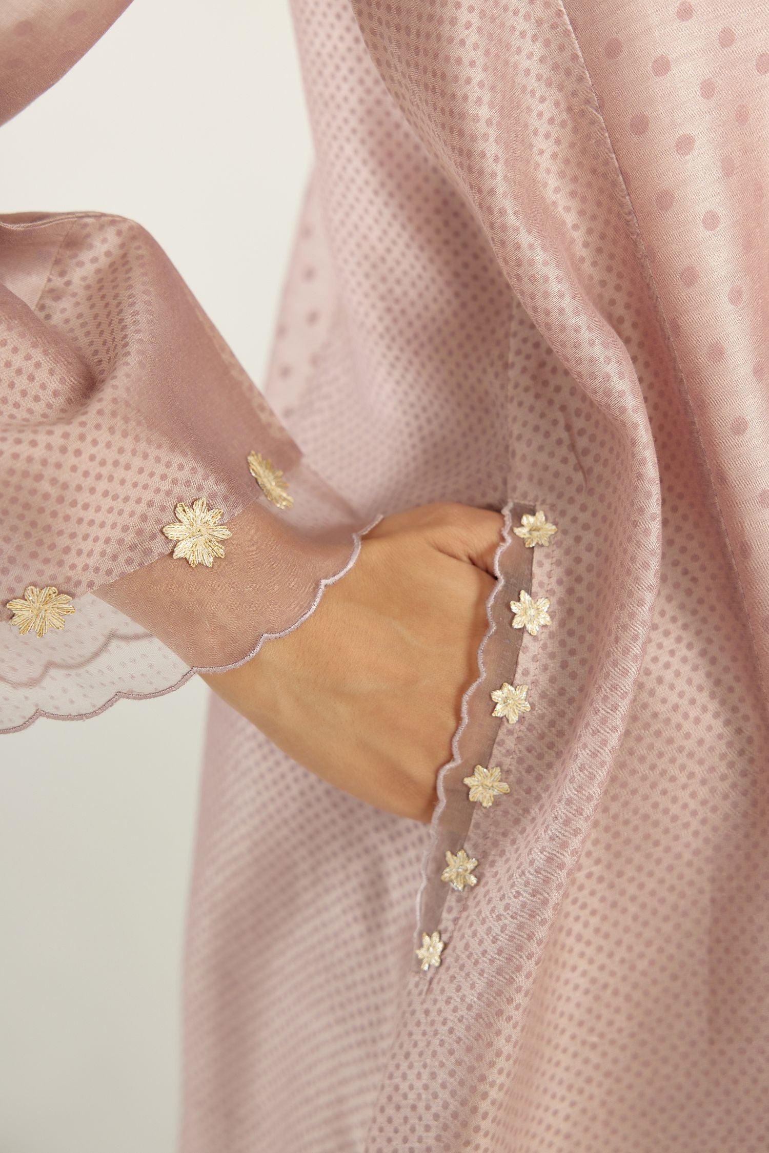 Lilac A-line hand block printed silk chanderi short kurta set, highlighted with gota flower embroidery.