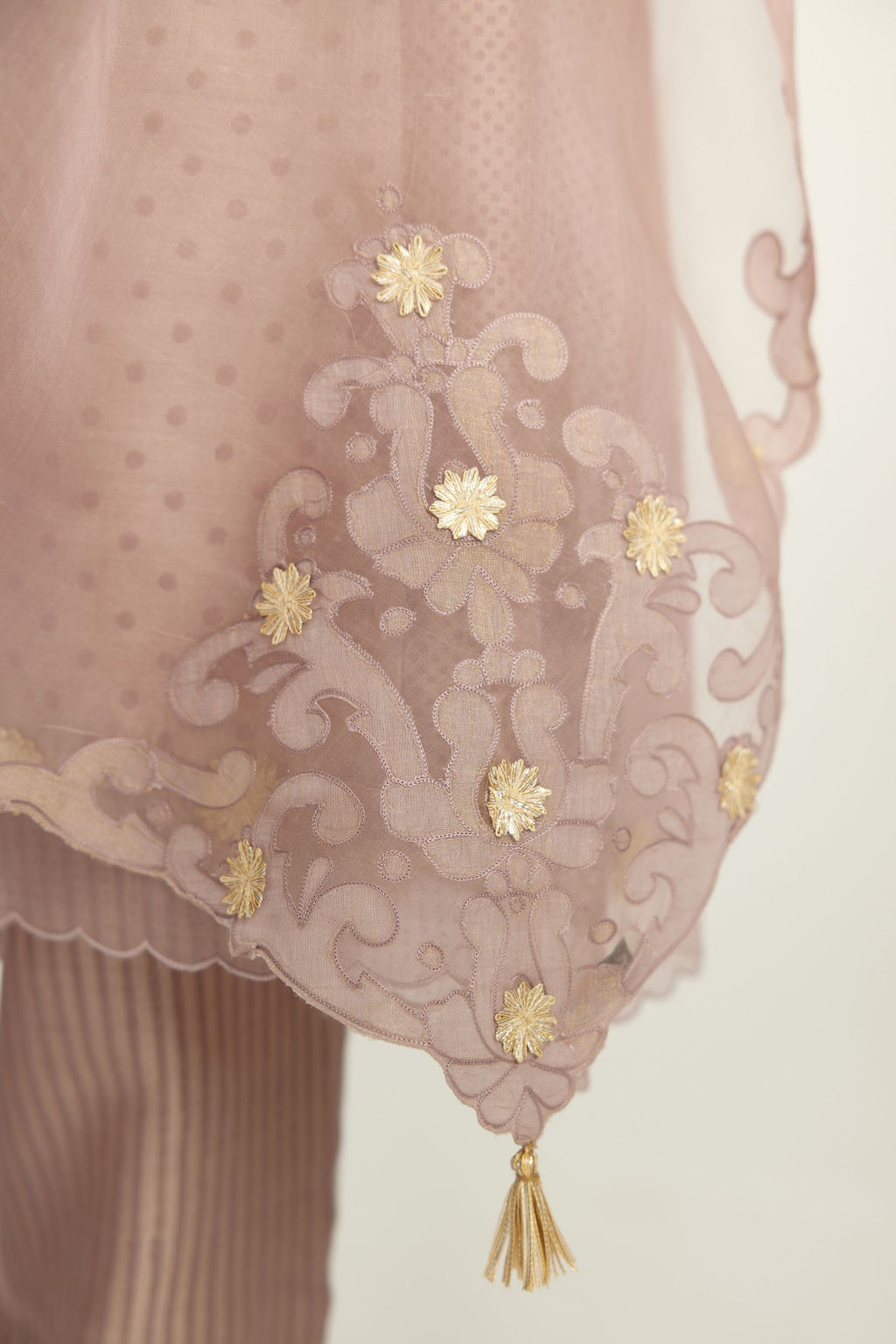 Lilac A-line hand block printed silk chanderi short kurta set, highlighted with gota flower embroidery.