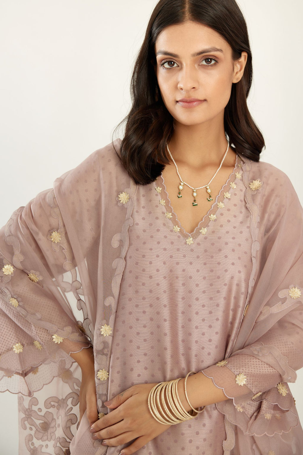 Lilac A-line hand block printed silk chanderi short kurta set, highlighted with gota flower embroidery.