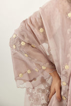 Lilac A-line hand block printed silk chanderi short kurta set, highlighted with gota flower embroidery.
