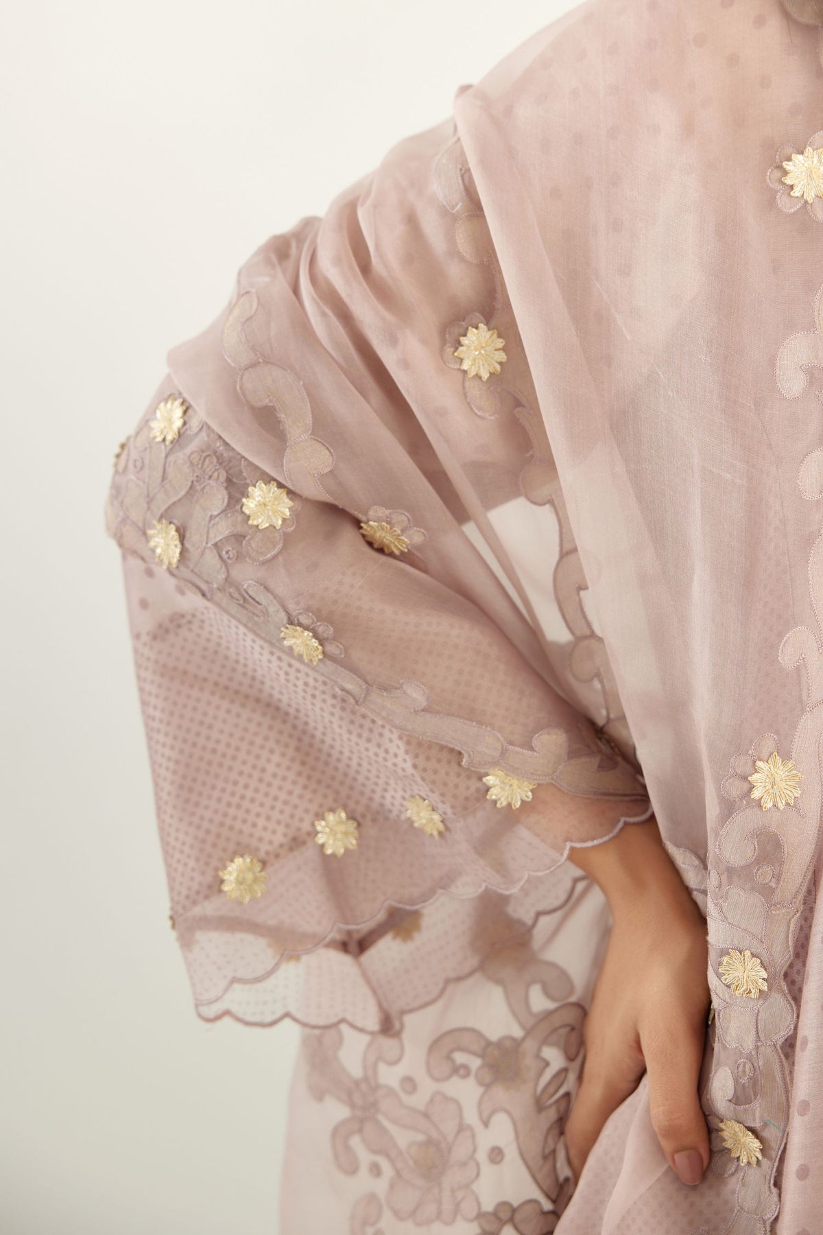 Lilac A-line hand block printed silk chanderi short kurta set, highlighted with gota flower embroidery.