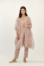 Lilac A-line hand block printed silk chanderi short kurta set, highlighted with gota flower embroidery.