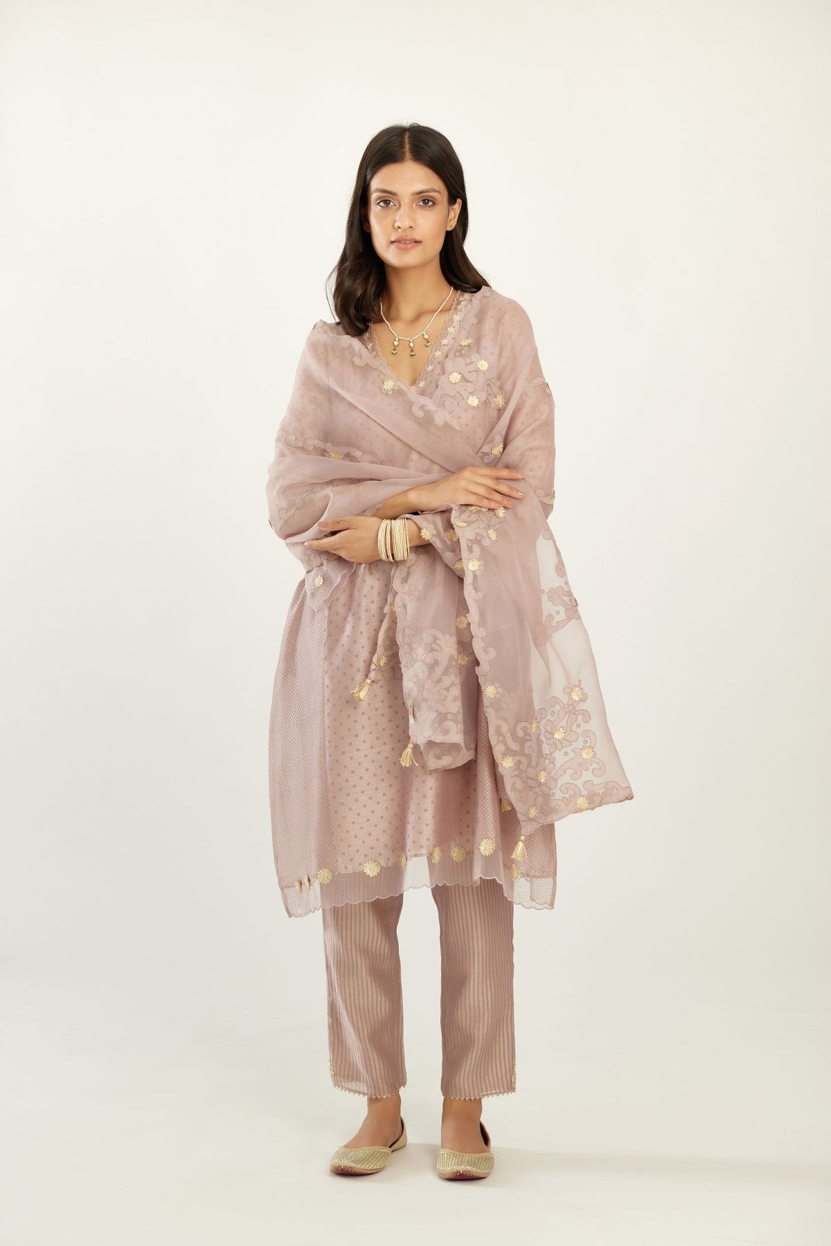 Lilac A-line hand block printed silk chanderi short kurta set, highlighted with gota flower embroidery.
