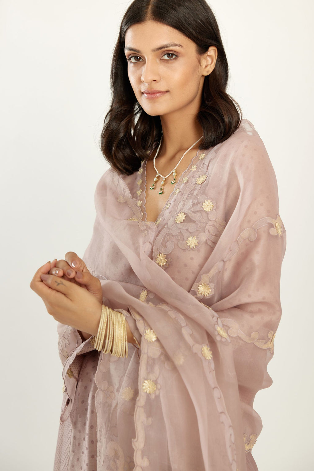Lilac A-line hand block printed silk chanderi short kurta set, highlighted with gota flower embroidery.