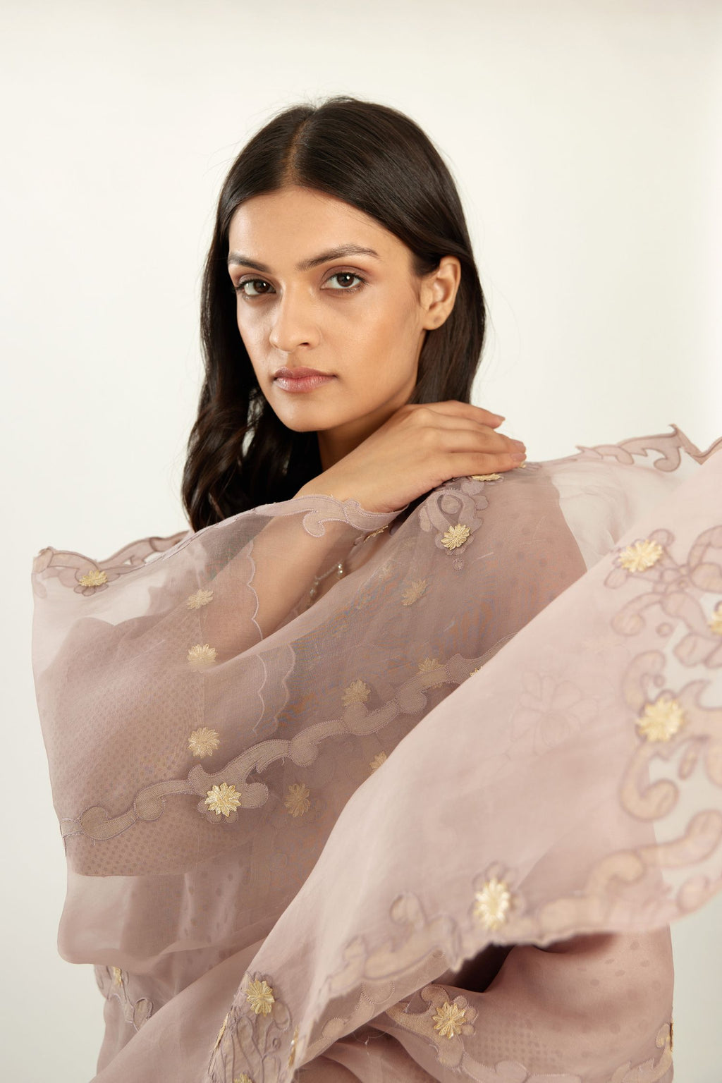 Lilac A-line hand block printed silk chanderi short kurta set, highlighted with gota flower embroidery.