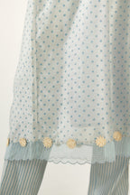 Blue hand block printed V neck gathered kurta set, highlighted with gota flower embroidery and scalloped organza at edges.