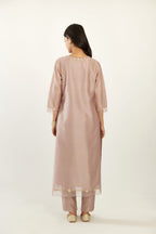 Lilac silk chanderi hand block printed straight kurta set, highlighted with organza and gota embroidered flower at edges