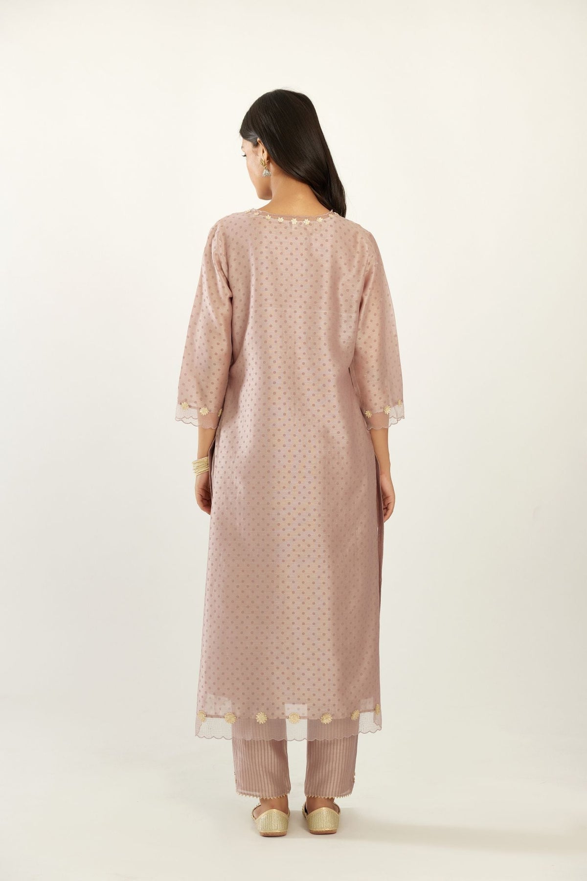 Lilac silk chanderi hand block printed straight kurta set, highlighted with organza and gota embroidered flower at edges
