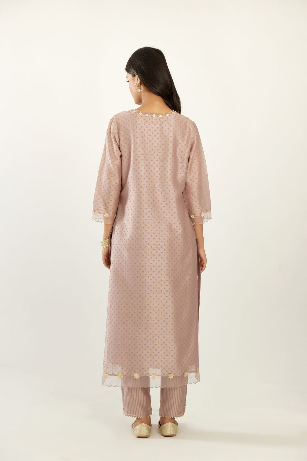 Lilac silk chanderi hand block printed straight kurta set, highlighted with organza and gota embroidered flower at edges