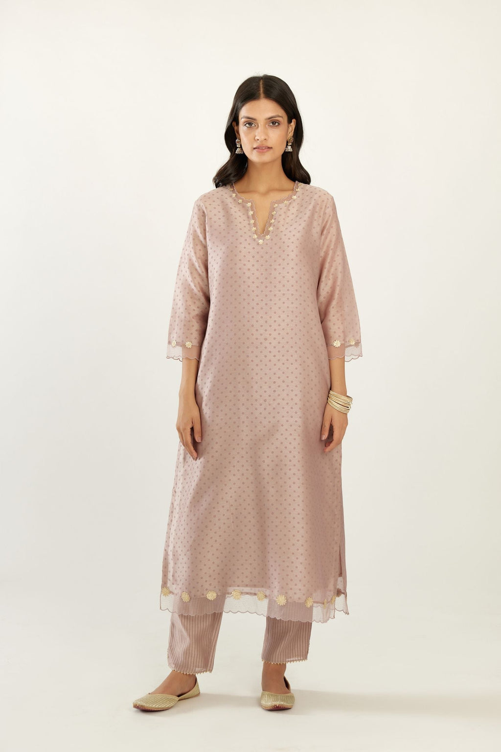 Lilac silk chanderi hand block printed straight kurta set, highlighted with organza and gota embroidered flower at edges