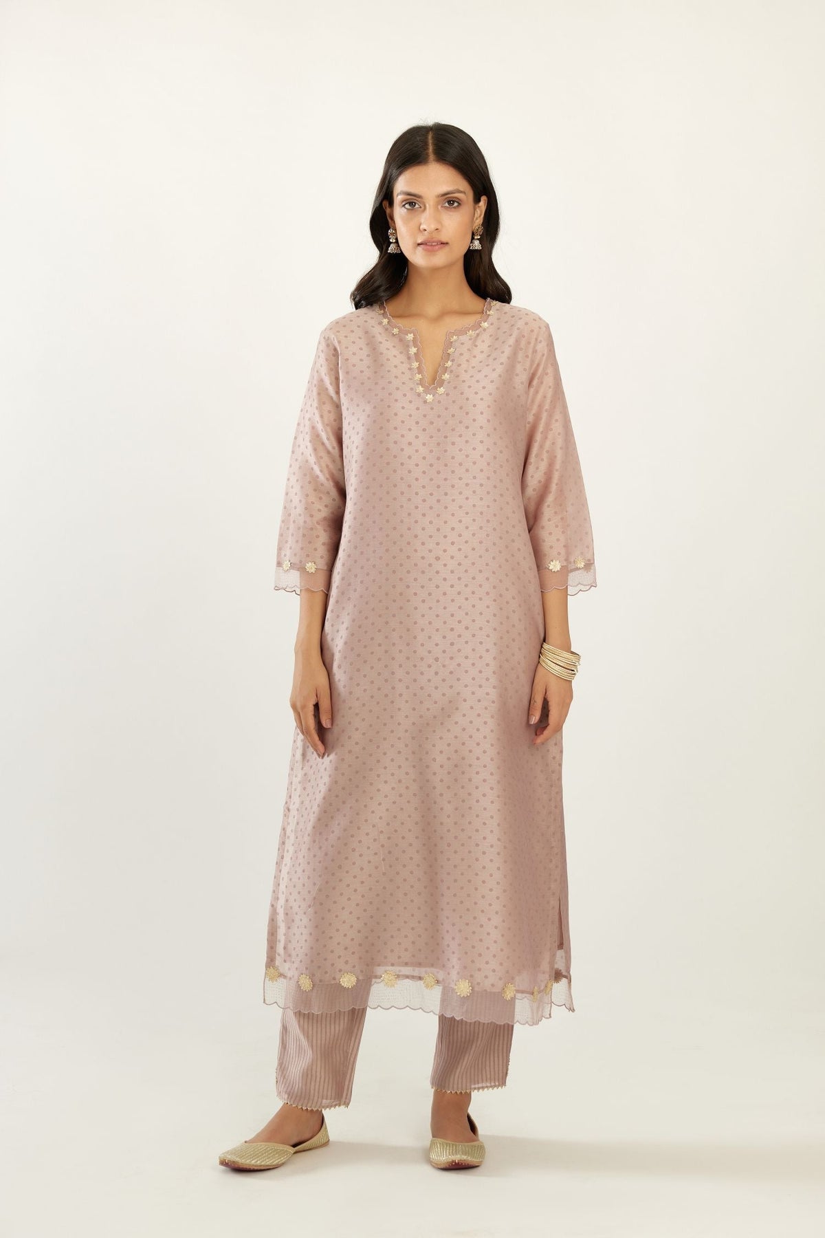 Lilac silk chanderi hand block printed straight kurta set, highlighted with organza and gota embroidered flower at edges
