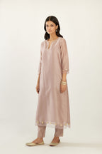 Lilac silk chanderi hand block printed straight kurta set, highlighted with organza and gota embroidered flower at edges