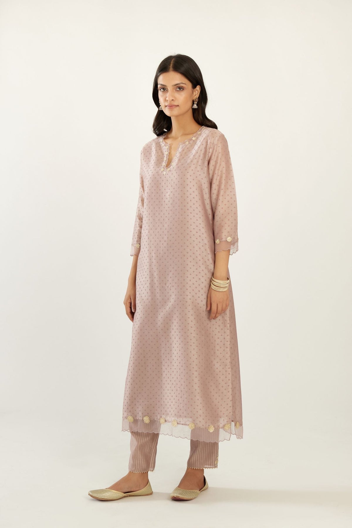 Lilac silk chanderi hand block printed straight kurta set, highlighted with organza and gota embroidered flower at edges