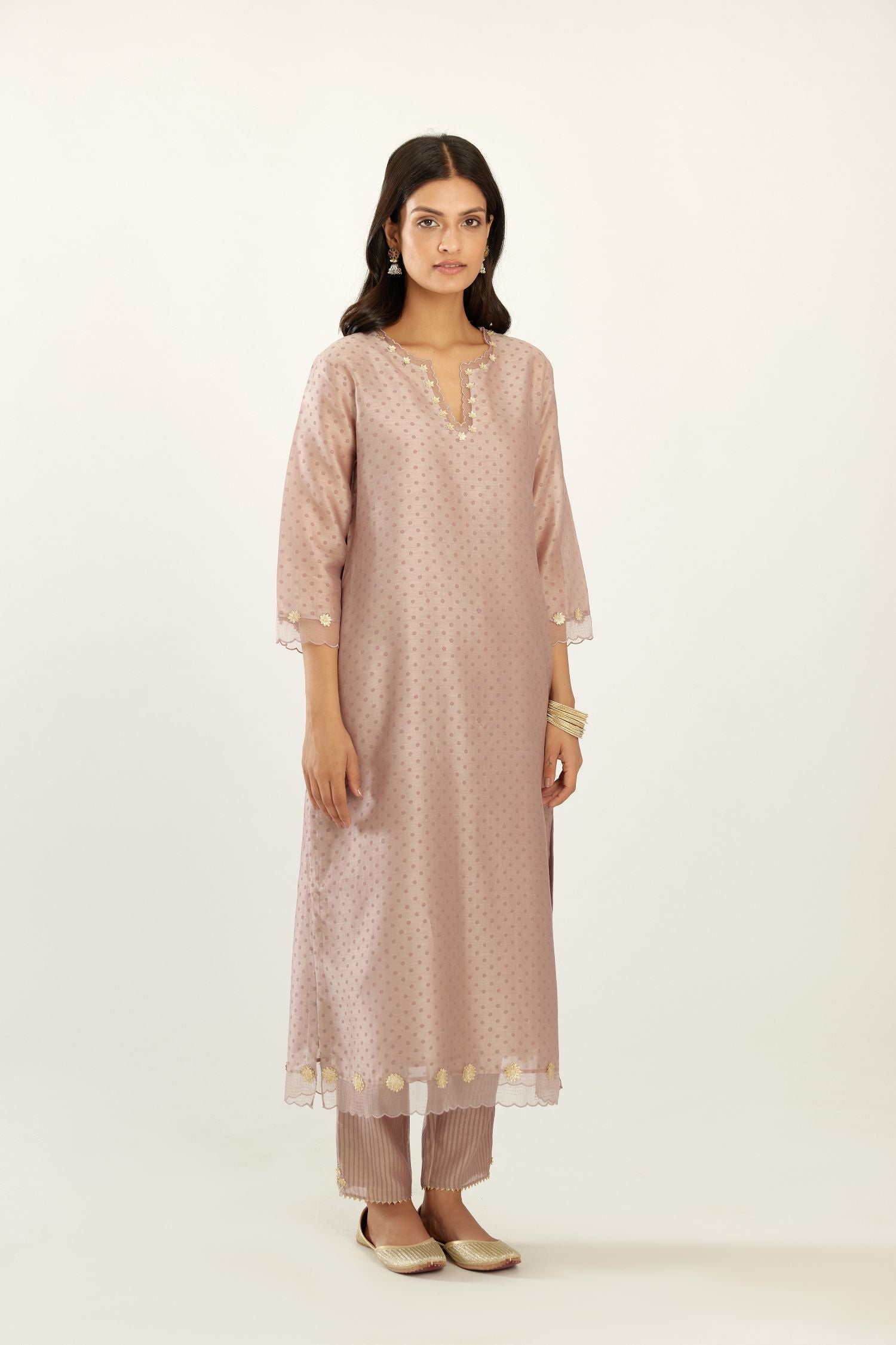 Lilac silk chanderi hand block printed straight kurta set, highlighted with organza and gota embroidered flower at edges