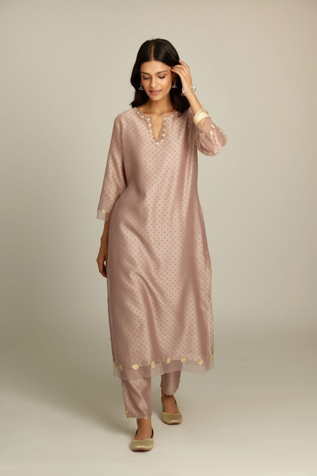 Lilac silk chanderi hand block printed straight kurta set, highlighted with organza and gota embroidered flower at edges