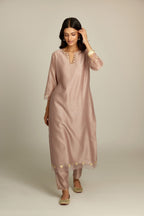 Lilac silk chanderi hand block printed straight kurta set, highlighted with organza and gota embroidered flower at edges