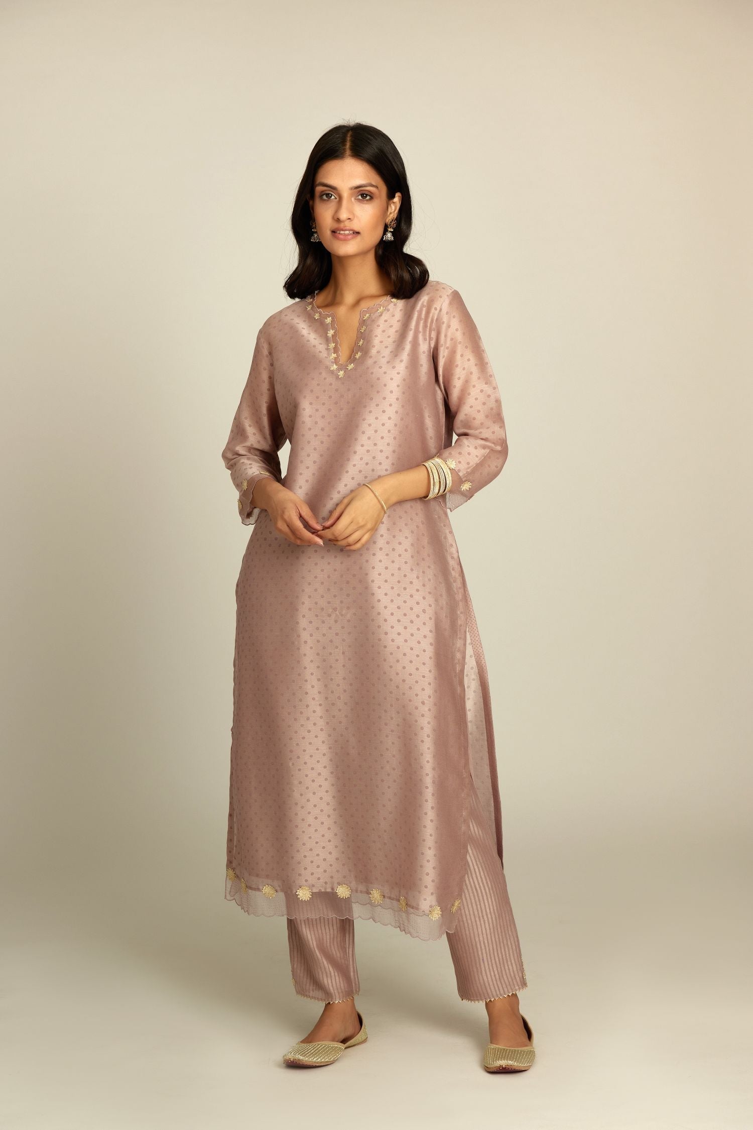 Lilac silk chanderi hand block printed straight kurta set, highlighted with organza and gota embroidered flower at edges