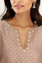 Lilac silk chanderi hand block printed straight kurta set, highlighted with organza and gota embroidered flower at edges
