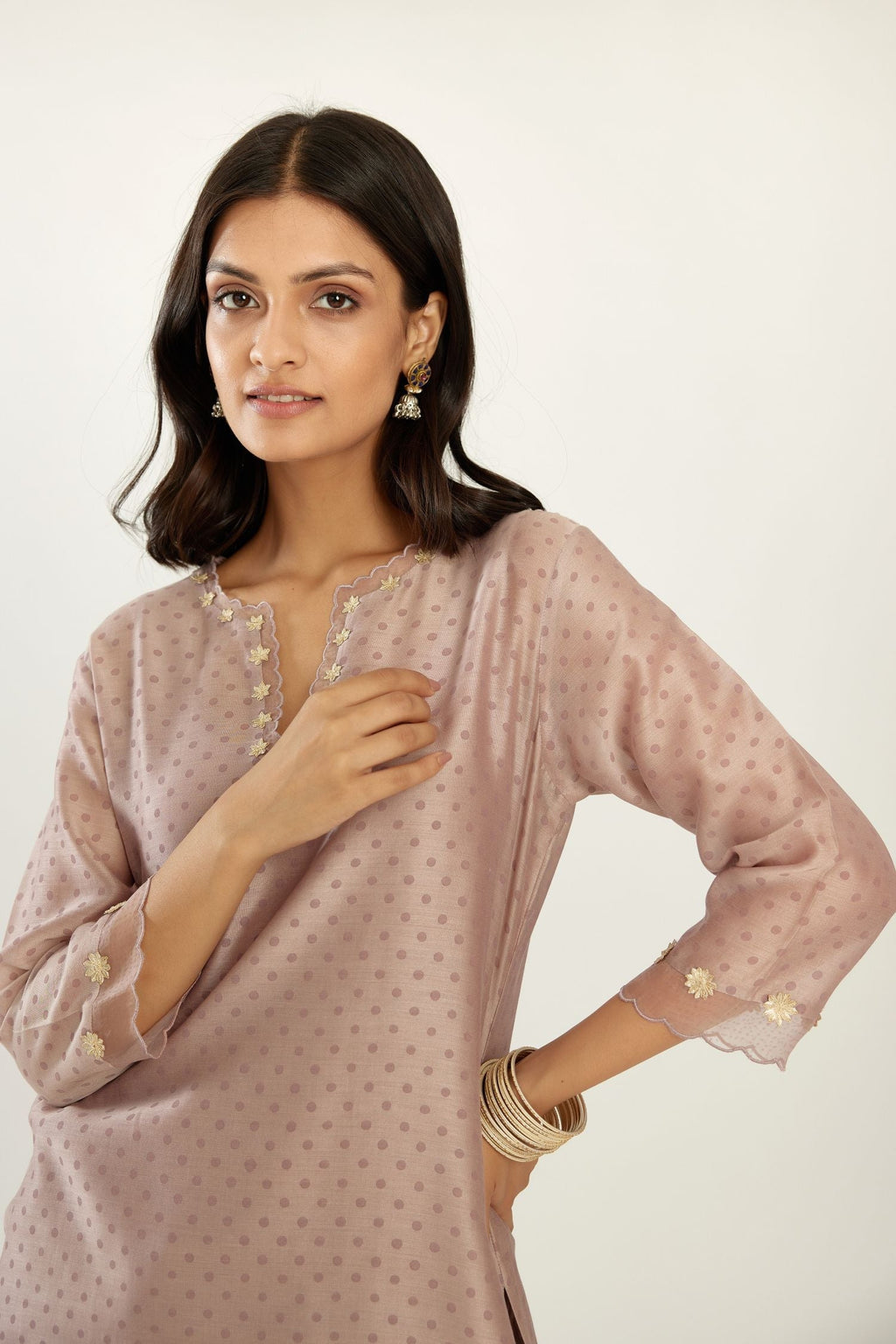 Lilac silk chanderi hand block printed straight kurta set, highlighted with organza and gota embroidered flower at edges