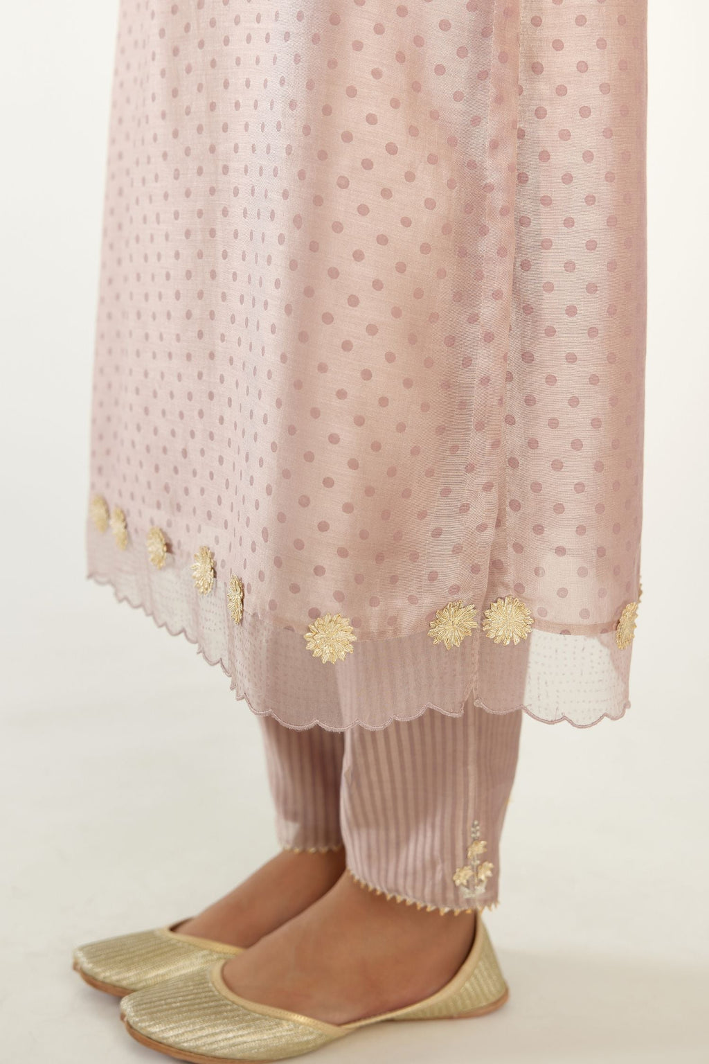 Lilac silk chanderi hand block printed straight kurta set, highlighted with organza and gota embroidered flower at edges
