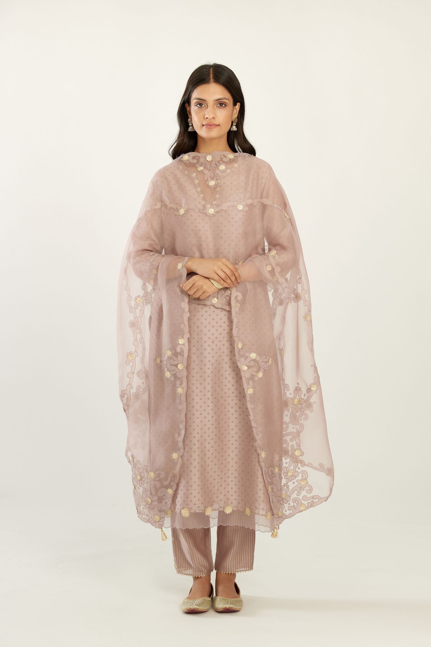 Lilac silk chanderi hand block printed straight kurta set, highlighted with organza and gota embroidered flower at edges