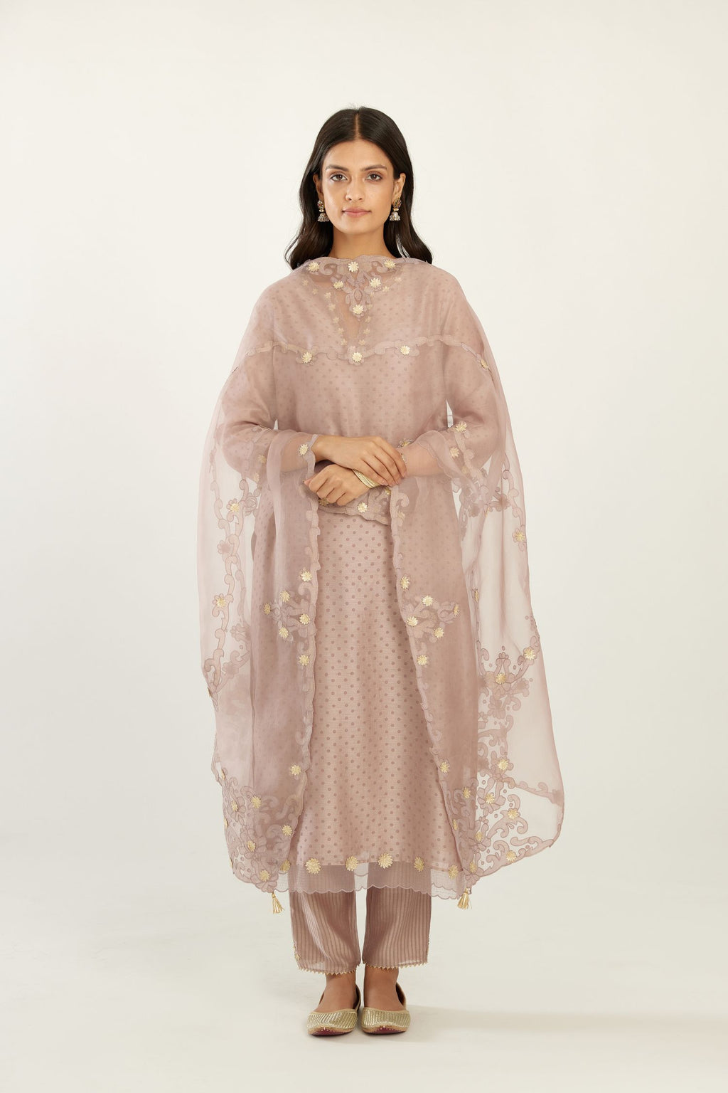Lilac silk chanderi hand block printed straight kurta set, highlighted with organza and gota embroidered flower at edges