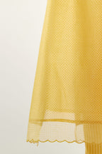 Yellow silk chanderi hand block printed straight kurta set, highlighted with scalloped organza at edges.