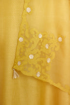 Yellow silk chanderi hand block printed straight kurta set, highlighted with scalloped organza at edges.