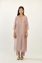 Lilac silk chanderi hand block printed straight kurta set, highlighted with scalloped organza at edges.