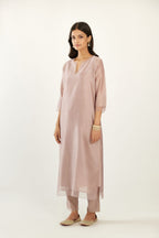 Lilac silk chanderi hand block printed straight kurta set, highlighted with scalloped organza at edges.