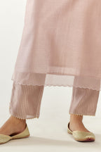 Lilac silk chanderi hand block printed straight kurta set, highlighted with scalloped organza at edges.
