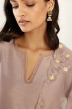 Lilac silk chanderi hand block printed straight kurta set, highlighted with scalloped organza at edges.